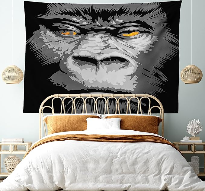 Ambesonne Modern Tapestry, Close up Gorilla Portrait with Orange Eyes Zoo Jungle Animal Wild Money Graphic, Fabric Wall Hanging Decor for Bedroom Living Room Dorm, 30" X 45", Grey Marigold