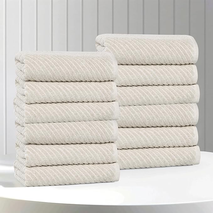 Superior Amelia Viscose Cotton Blend Medium Weight Small Towels, for Kitchen, Bathroom, Shower, Spa, Plush, Quick Dry, Ultra-Soft Essentials, Ribbed Design, Face Towels Washcloths, Set of 12, Beige