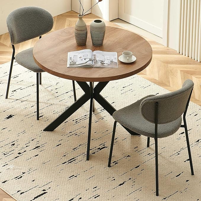 Modern Dining Table Set for 2, 3-Piece Set, 37" Round MDF Coffee Table With 2 Seated Grey Boucle Chairs Upholstered, Metal Legs for Dining Hall, Living Room