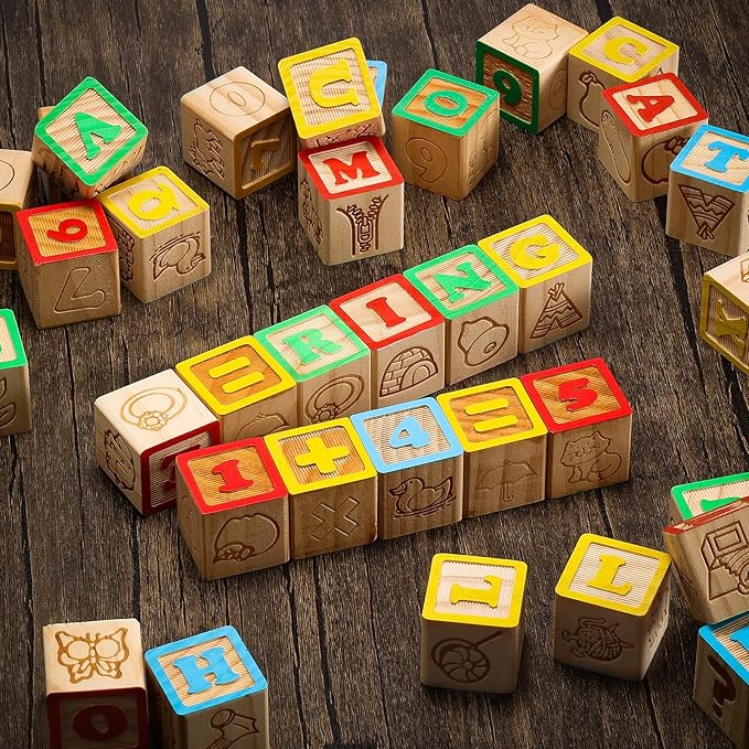 SainSmart Jr. Wooden ABC Blocks 40PCS Stacking Blocks Baby Alphabet Letters, Counting, Building Block Set for Toddlers 1.2 Inch
