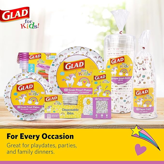 Glad for Kids Unicorn Disposable Paper Bibs with Crumb Catcher, Absorbent Leakproof Bibs for Toddlers and Babies, Mess Free Feeding, Crafts, Parties, and Travel Use, 30 Count