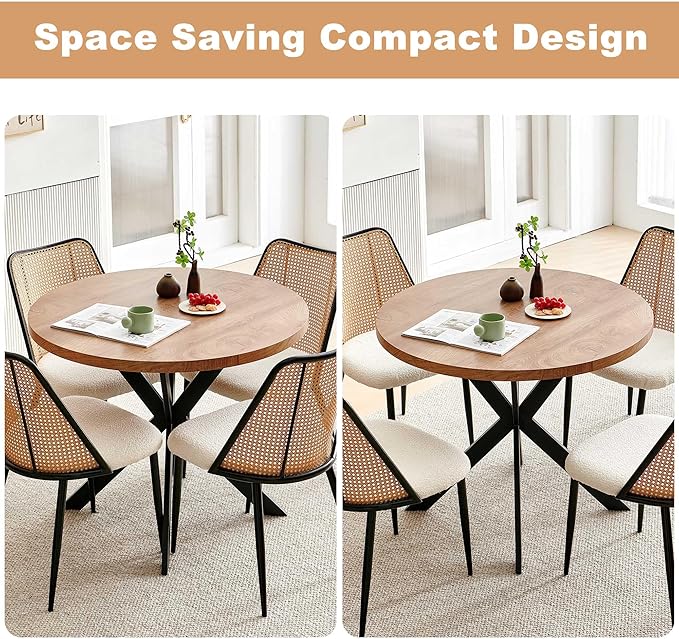 NORDICANA Dining Table Set for 4, Wooden Round Table and Wicker Chairs, 5-Piece Modern Kitchen Dinette Set for Breakfast Nook, Beige Boucle Seat
