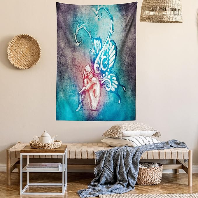 Ambesonne Butterfly Tapestry, with Butterfly Wings Renewal Female Rebirth Psyche Lightness of Being, Fabric Wall Hanging Decor for Bedroom Living Room Dorm, 23" X 28", Blue Purple