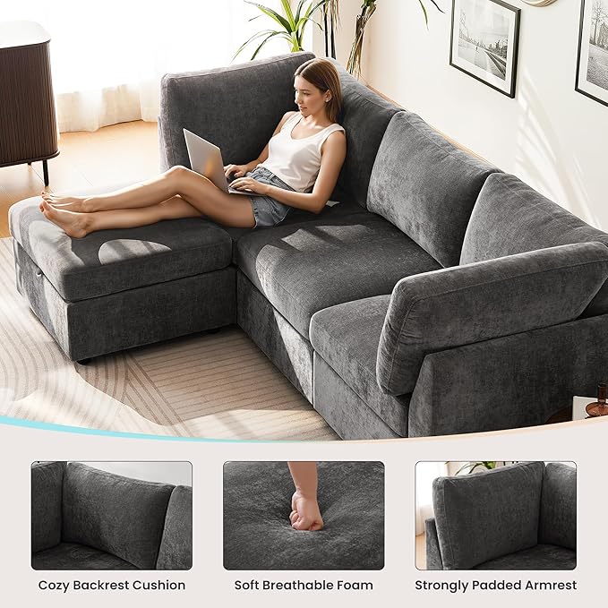 TEKAMON 96" Modular Sectional Sofa with Ottoman,Large Comfy Cloud 3-Seat Deep Seat, Reversible Chaise Modular Sectional Couches for Living Room and Apartmenr,Grey