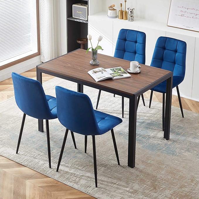 5 Pieces Dining Table Set for 4, 47" Oblong MDF Tabletop with Sturdy Metal Legs,4 PCS Home Kitchen Dining Chair Upholstered Velvet Room Chair with Tufted Back for Any Home Style
