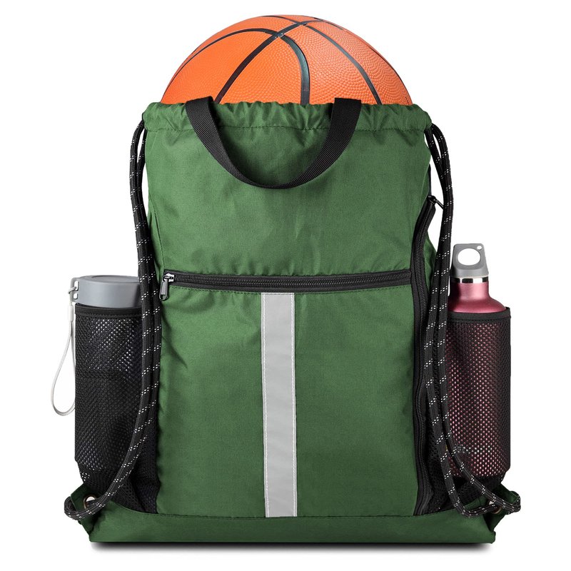 BeeGreen Green Drawstring Bag Gym Cinch Backpack w Shoe Compartment and Two Side Pockets Machine Washable Sports Sinch Sack String Sackpack for Swim Equipment Beach Travel
