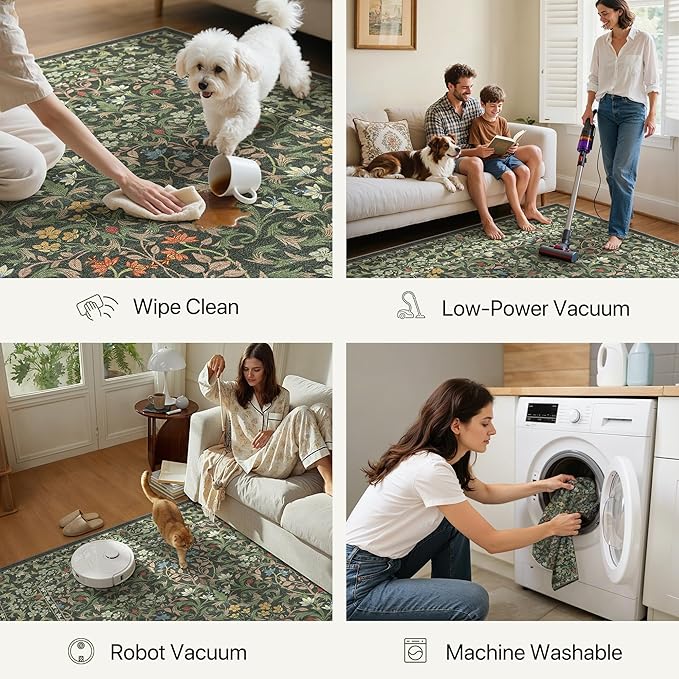 GENIMO Floral Washable Runner Rug 2’6”x7’, Non-Slip Long Hallway Carpet for Entryway, Kitchen, Indoor Floor Use, Vintage Boho Soft Thin Rug Décor, Emerald Green