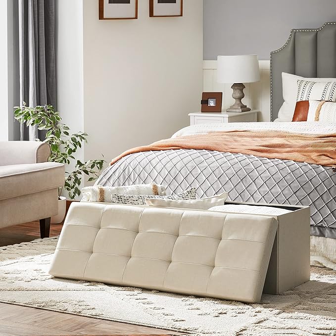 SONGMICS 43 Inches Folding Storage Ottoman Bench, Set of 2, Storage Chest, Foot Rest Stool, Bedroom Bench with Storage, Beige, ULSF429W02