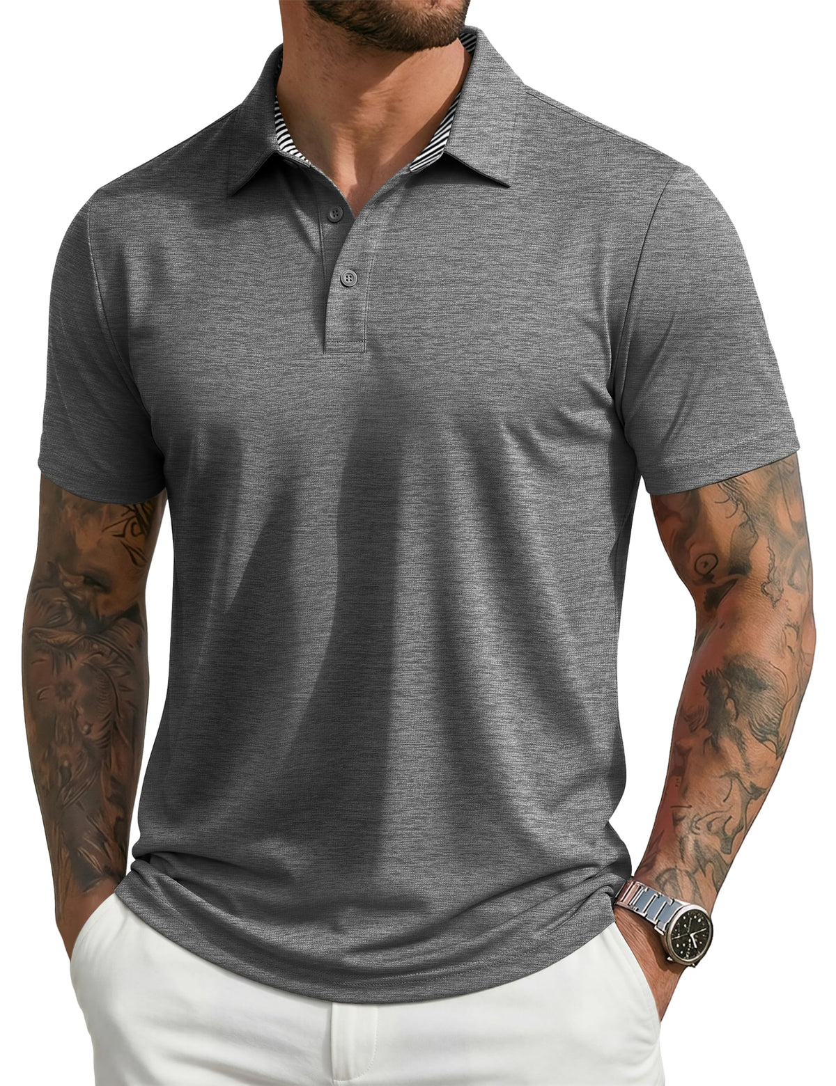MAGCOMSEN Men's Polo Shirts Short Sleeve Athletic Performance Moisture Wicking Golf Fitted Business Casual Collared Shirts Dark Grey