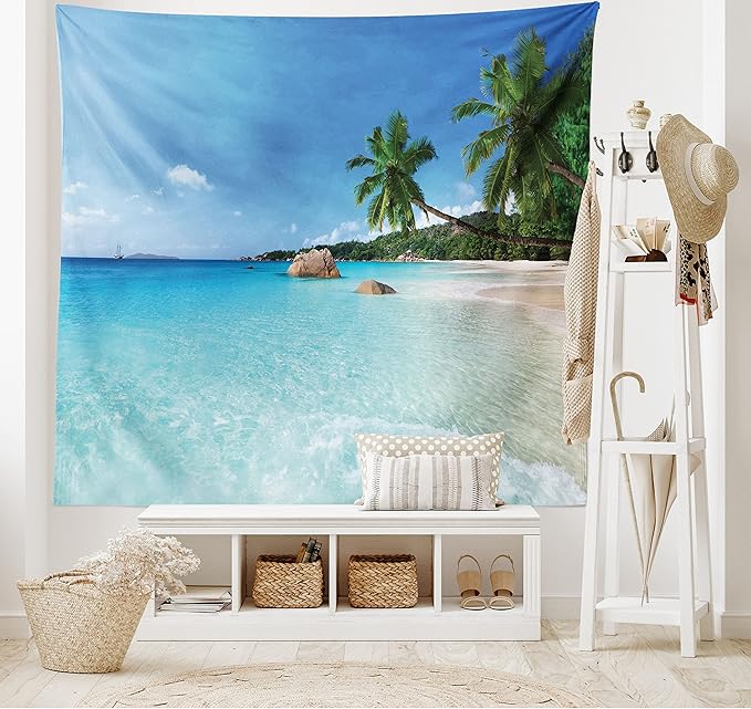 Ambesonne Ocean Tapestry King Size, Anse Lazio Beach at Praslin Island Surfing Beach Scenic View Travel, Wall Hanging Bedspread Bed Cover Wall Decor, 104" X 88", Blue and Turquoise
