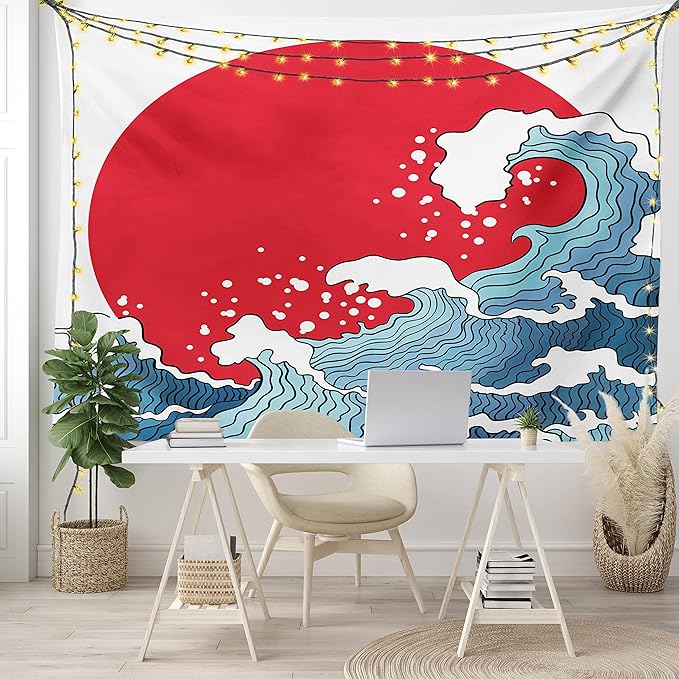 Ambesonne Japanese Wave Tapestry King Size, Big Red Sun Setting Scenery Tropical Nautical Tsunami Swirls, Wall Hanging Bedspread Bed Cover Wall Decor, King Size, Red Blue White