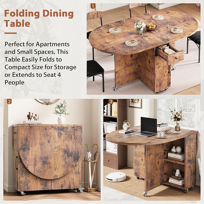 Folding Dining Table for 4 Kitchen Dining Room DinnerTable with Storage Drawer Space Saving Oval Foldable Drop Leaf Gateleg Furniture for Small Space (Vintage, 47 * 23.6 * 30)