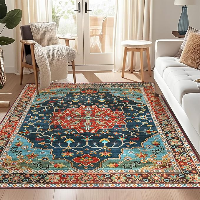 WILLSUN Washable Area Rugs, 6x9 Non-Slip Boho Large Area Rugs for Living Room, Bedroom, Machine Washable Vintage Rug, Indoor Floral Print Carpet for Home Decor, Kid & Pet Friendly Mat