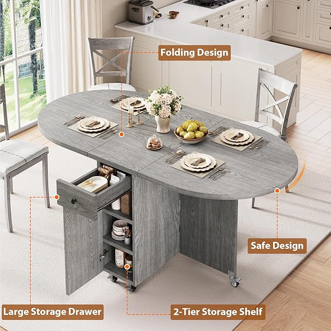 Folding Dining Table for 4 Kitchen Dining Room DinnerTable with Storage Drawer Space Saving Oval Foldable Drop Leaf Gateleg Furniture for Small Space (Grey, 47 * 23.6 * 30)