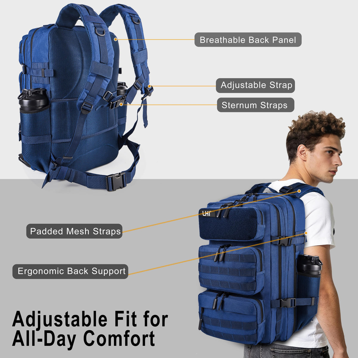 LHI Military Tactical Backpack for Men and Women 50L Army 3 Days Assault Pack Bag Large Rucksack with Shoe Compartment - Blue