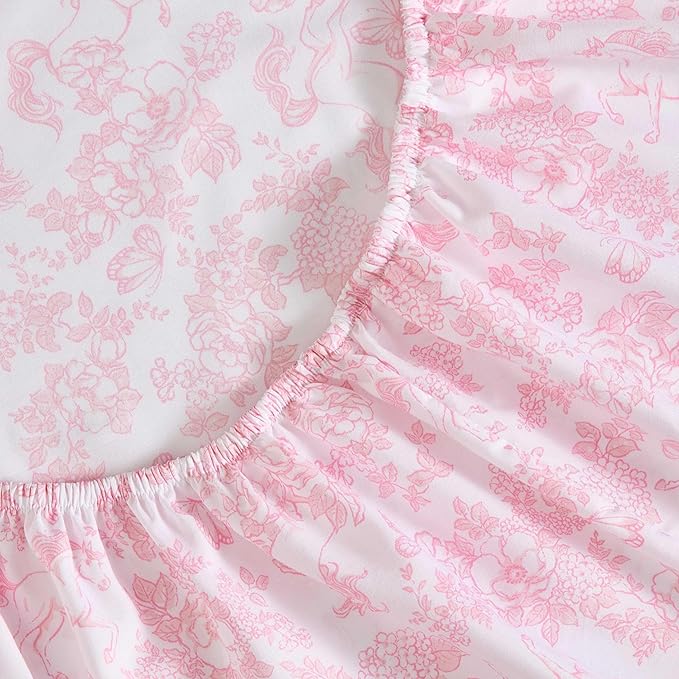Laura Ashley Kids - Full Sheet Set, Soft & Wrinkle-Resistant Toddler Bedding Set, Deep Pockets, Girl Bed Sheets with Matching Fitted Sheet & Pillowcases (Toile Unicorn Pink)