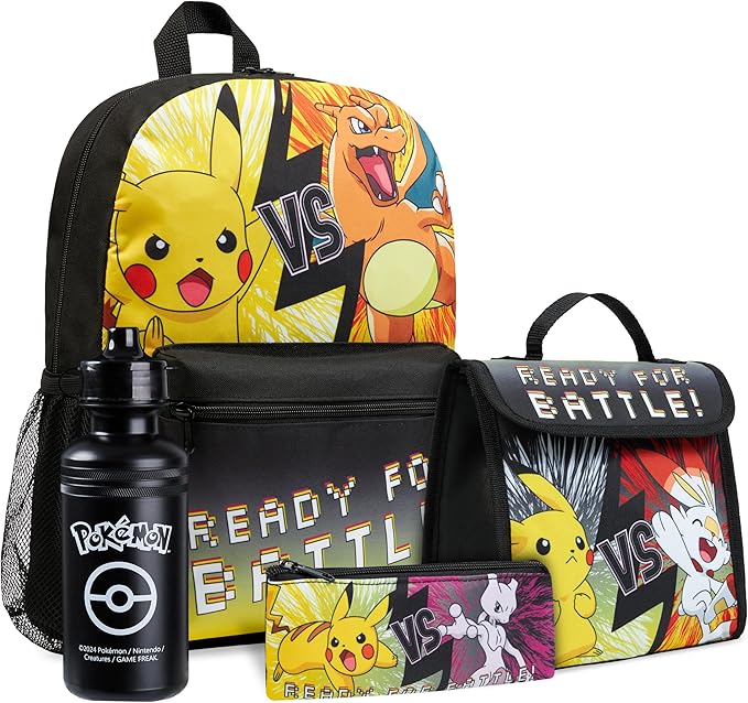 Pokemon Backpack Set 4 Pcs for Kids with Backpack Water Bottle Pencil Case and Insulated Lunch Bag or Wallet Anime School Supplies Gifts for Kids (Black/Yellow 4 Pcs Set)
