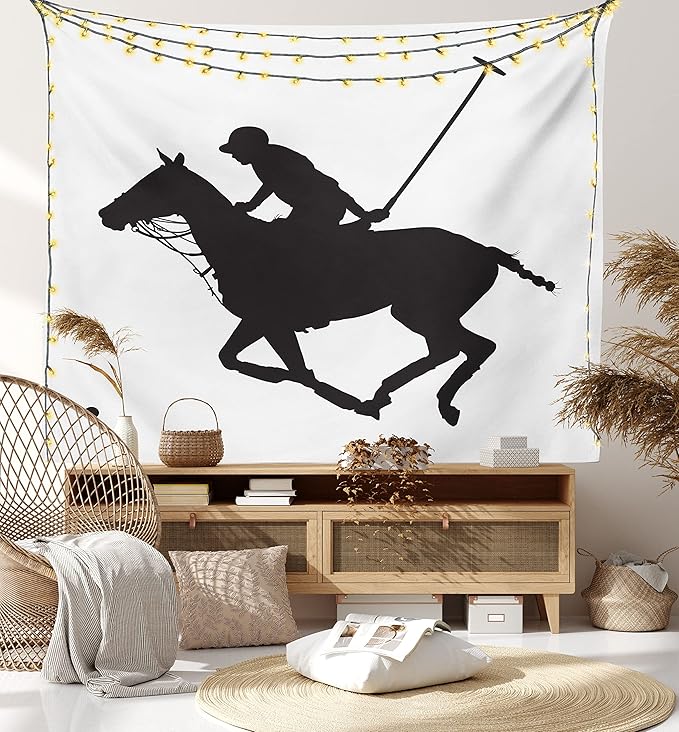 Ambesonne Sports Tapestry King Size, Silhouette Illustration of Polo Player on a Horse Hitting a Ball Print, Wall Hanging Bedspread Bed Cover Wall Decor, King Size, Charcoal Grey