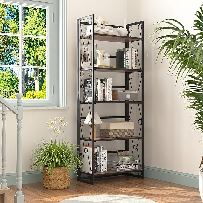 VECELO Folding Bookshelf,5 Shelf Bookcase No Assembly, Industrial Metal Frame Shelves Rack Organizer for Living Room, Office,Walnut 2 Set
