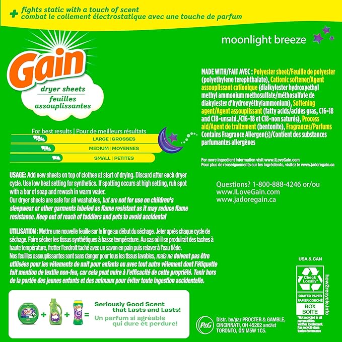 Gain dryer sheets, 105 Count, Moonlight Breeze Scent, Laundry Fabric Softener Sheets with 2-in-1 Aromaboost Plus Softness
