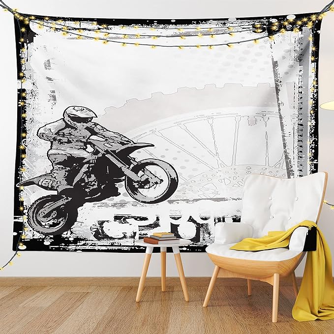 Ambesonne Motorcycle Tapestry, Motocross Racer Image Grungy Background Poster Style Monochromic Art Print, Fabric Wall Hanging Decor for Bedroom Living Room Dorm, 45" X 30", Black White