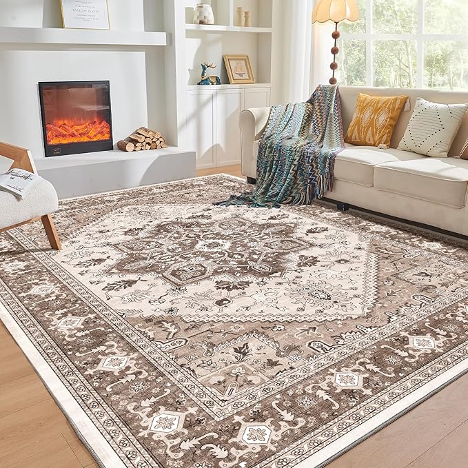 OPPODREAM Thin 8x10 Area Rugs, Washable Rugs 8x10 with Non Slip Backing, Faux Cashmere Low-Pile 8 x 10 Carpet, Khaki