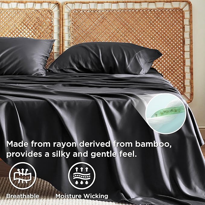 Bedsure King Size Sheet Set, Cooling Sheets King, Rayon Derived from Bamboo, Deep Pocket Up to 16", Breathable & Soft Bed Sheets, Hotel Luxury Silky Bedding Sheets & Pillowcases, Black