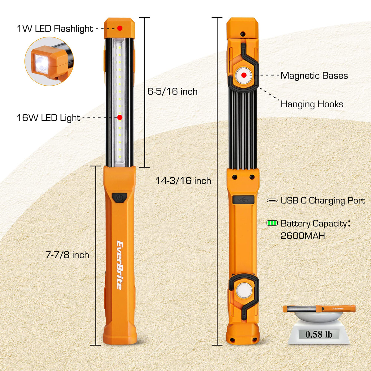 EverBrite 1000LM LED Work Light, Rechargeable Work Light for Mechanics with Dual Magnetic Bases&Hanging Hooks, 4 Lighting Modes, USB C Cable, Ideal Christmas Gift for Car Repair, Working, Pack of 2