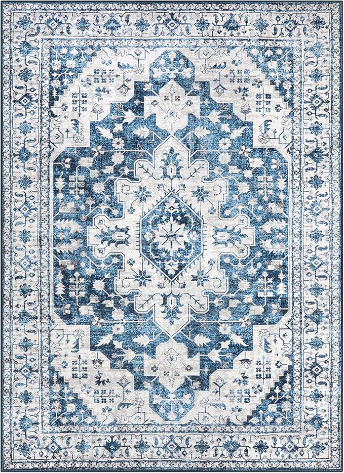 Moynesa Ultra-Thin Washable Area Rug - 5x7 Blue Rugs for Living Room Washable Rugs for Bedroom Soft Dining Room Mat, Vintage Printed Low Pile Indoor Carpet for Office Sunroom Playroom