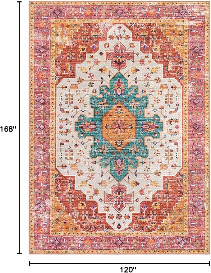 Moynesa Ultra-Thin Washable 10x14 Area Rugs for Bedroom, Pink Large Living Room Rug Non Slip, Medallion Oriental Indoor Floor Carpet for Dining Room Table Dorm Home Office Decor