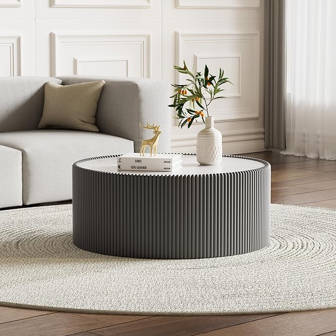 Round Coffee Table Set with Sintered Stone Tabletop, 29.52" Grey Drum Center Table and 17.71" Black Coffee Table Set, 2 Pieces Living Room Table Set with Fluted PU Leather Cover& Stable Base