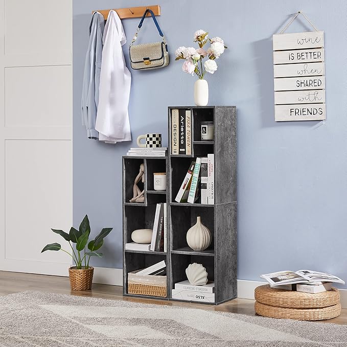VECELO Small Bookshelf, 4 Cube Slim Bookcase, Fits Tallest Hardcovers, Horizontal Available, Modern Floor Standing Unit, Each Shelf Hold Up to 66 LBS,Gray