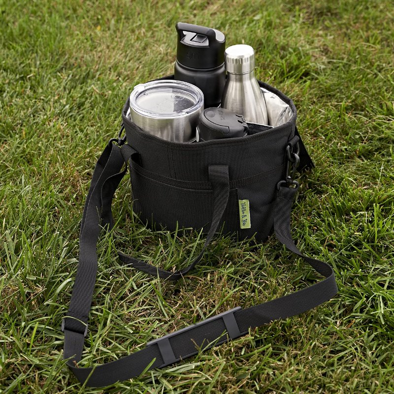 4 Water Bottle Holder with Strap | Family Size 4 Compartment Drink Bag, Multiple Tumbler Carrier Caddy | Adjustable Fits Large & Small Drinks | Hands Free, Won't Tip Over in Car (Black)