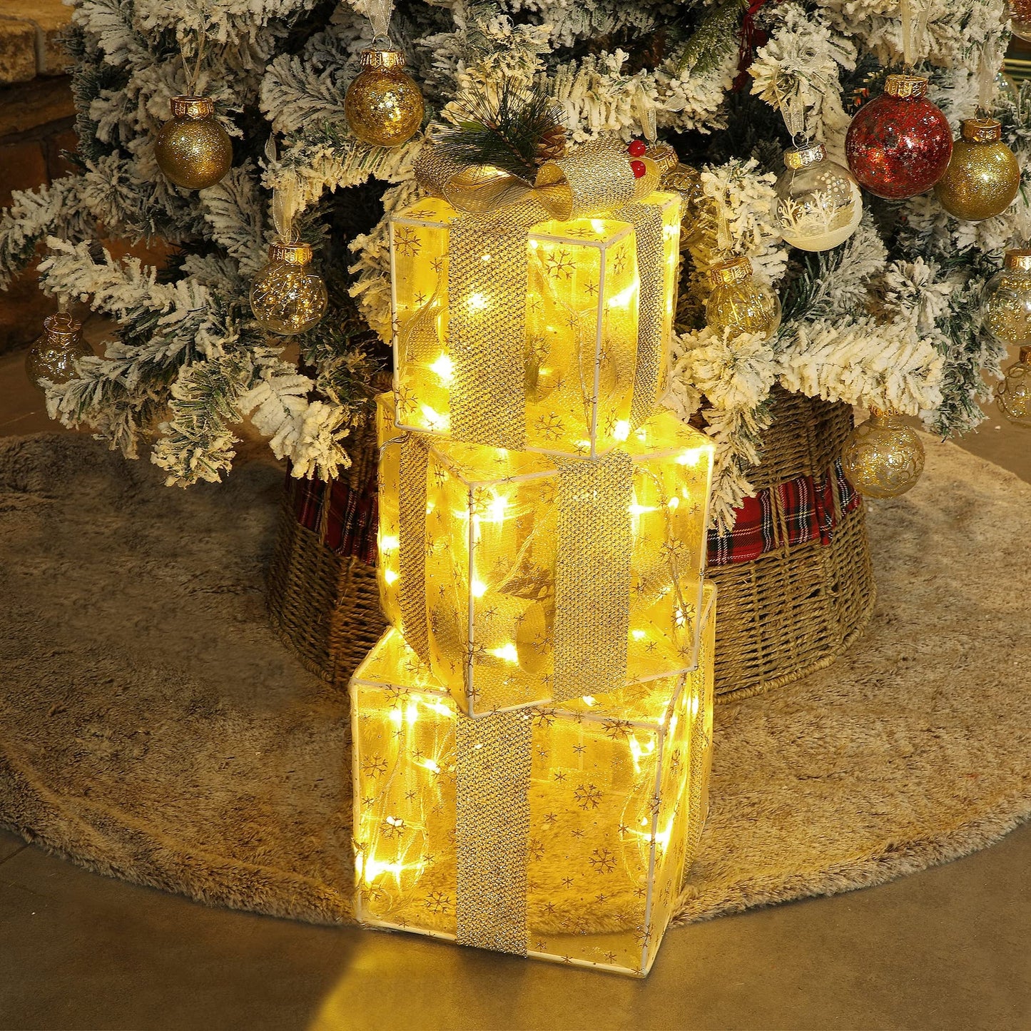 Set of 3 Christmas Lighted Gift Boxes Decorations, Pre-lit Snowflakes Present Box with Silver Bowknot, Light Up Xmas Tree Skirt Ornament, Indoor Outdoor Plug in for Home Pathway Holiday Party