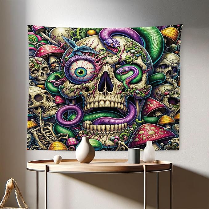 Ambesonne Trippy Tapestry, Spooky Artwork of Psychedelic Snake Mushroom Huddles Skulls Monster Eye, Fabric Wall Hanging Decor for Bedroom Living Room Dorm, 28" X 23", Green Purple Pale Khaki