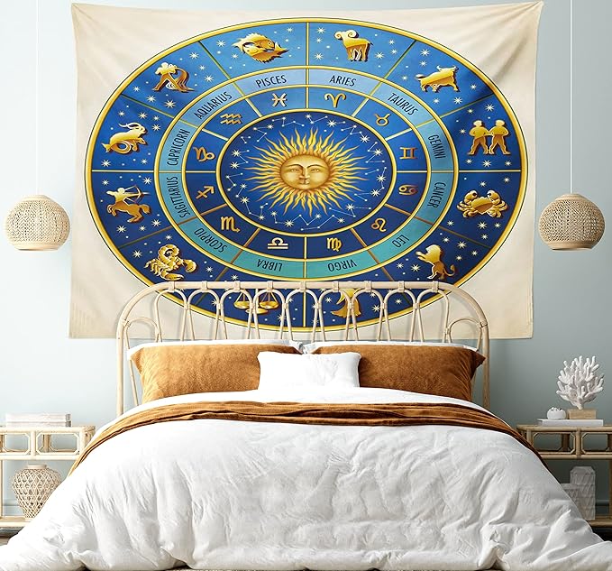 Ambesonne Astrology Tapestry Twin Size, Wheel of Astrological Signs Names Dates Moon Sun in Middle, Wall Hanging Bedspread Bed Cover Wall Decor, Twin Size, Blue Yellow and Cream