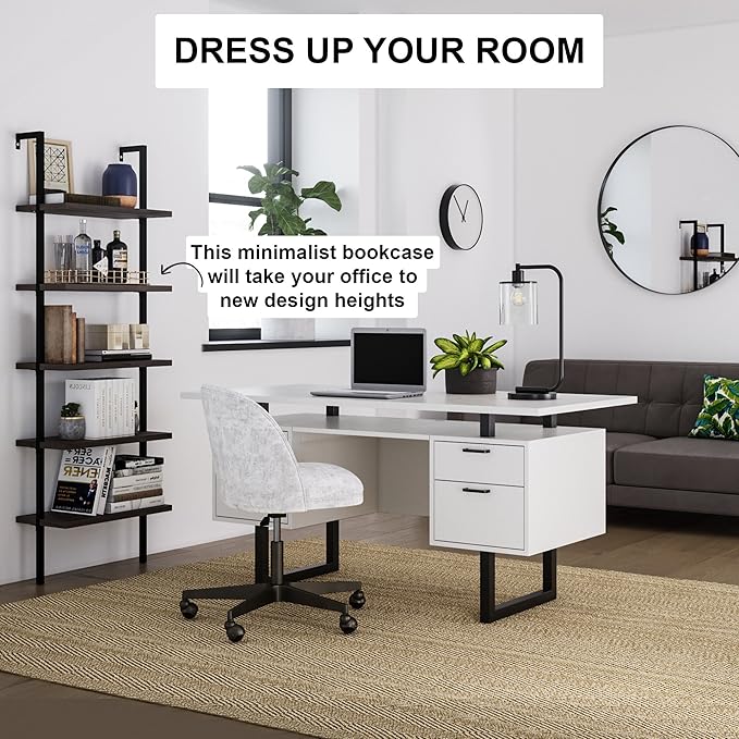 Nathan James Theo 5-Shelf Wood Modern Bookcase, Open Wall Mount Ladder Bookshelf with Industrial Metal Frame, Dark Walnut Brown/Black, Set of 3