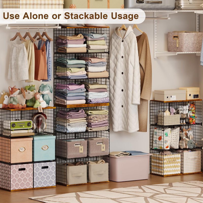 Free-standing Sturdy Tall 6-Cube Closet Organizer Storage Wire Basket Shelf with Wood Top for Wardrobe Bedroom Closet, Stackable Space-saving Clothing Shelves for Clothes, Sweaters, Pants, Handbags