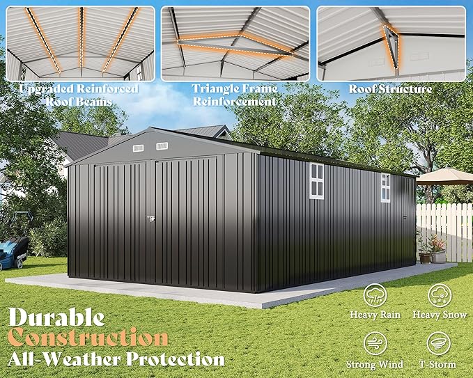 AMERLIFE 13x21x8 FT Outdoor Metal Garage Shed, Extra Large Storage Shed with Double Hinged Doors, 4 Windows, Carport for Car, Truck, Bicycle and Lawn Equipment, Dark Gray