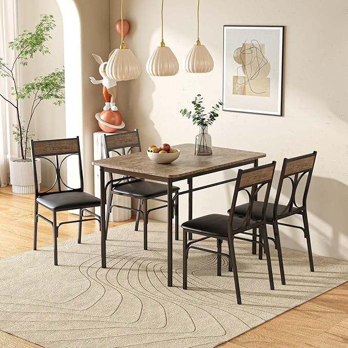 VECELO 5-Piece Dining Table Set for Home Kitchen Small Space Breakfast Nook, 4 Faux Leather Metal Frame Chairs, Brown,Set for 4
