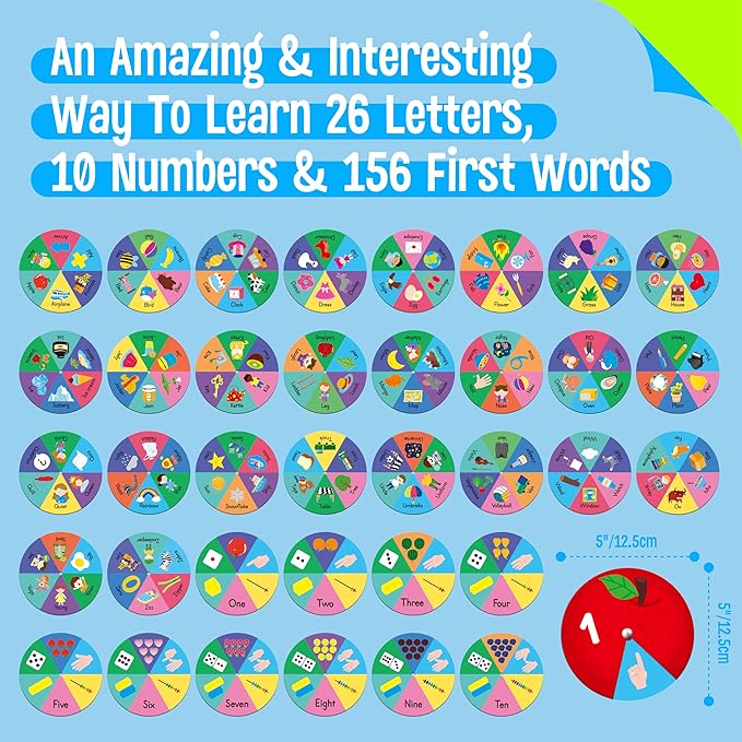 Alphabet Learning Toy, ABC Letters, Numbers, Animals Sight Words, Spinning Game 36 PCS Montessori Educational Round Cards for Toddlers, Kids 3-5