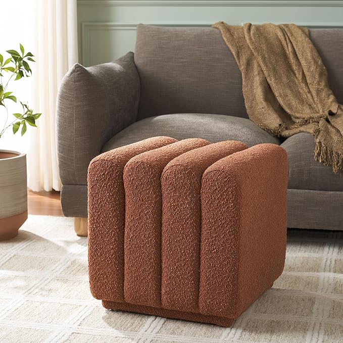 SAFAVIEH Home Collection Joseph Rust Boucle Channel Tufted Square Ottoman Seat Foot Rest (Fully Assembled)