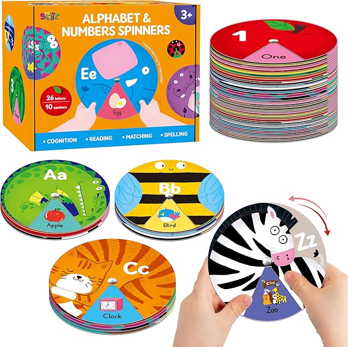 Alphabet Learning Toy, ABC Letters, Numbers, Animals Sight Words, Spinning Game 36 PCS Montessori Educational Round Cards for Toddlers, Kids 3-5