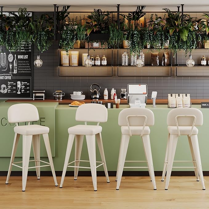 Aklaus PU Leather Metal Bar Stools 24 inch Faux Leather Counter Height Barstools Set of 4 Modern Farmhouse Bar Chairs with High Backs and Faux Leather Seat for Kitchen Island Dining Room Off White