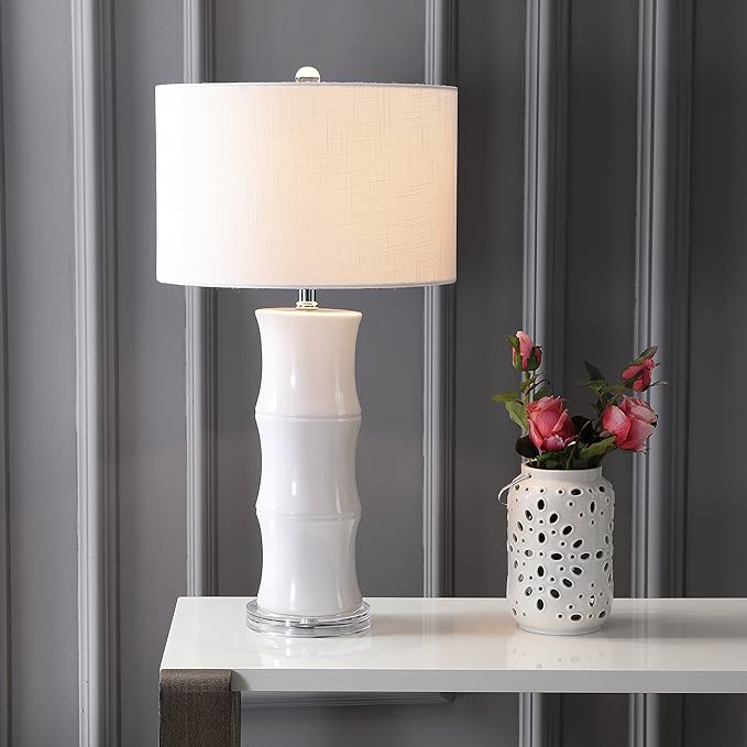 JONATHAN Y 26.5" White Ceramic Table Lamp for Living Room, Bedroom Nightstand, White Linen Drum Shade, Bamboo Design Modern Bedside Desk Lamp with LED Bulb Included (JYL3015C)