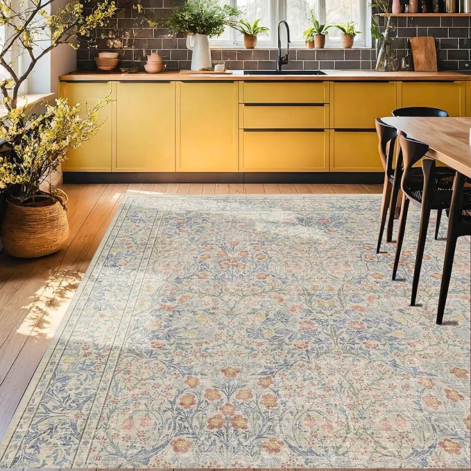 Boho Beige Blue Living Room Rug 6x8 - Vintage Retro Floral Paste Neutral, Washable Low Pile Non-Slip Large Area Rugs for Dining Under Table, Bedroom