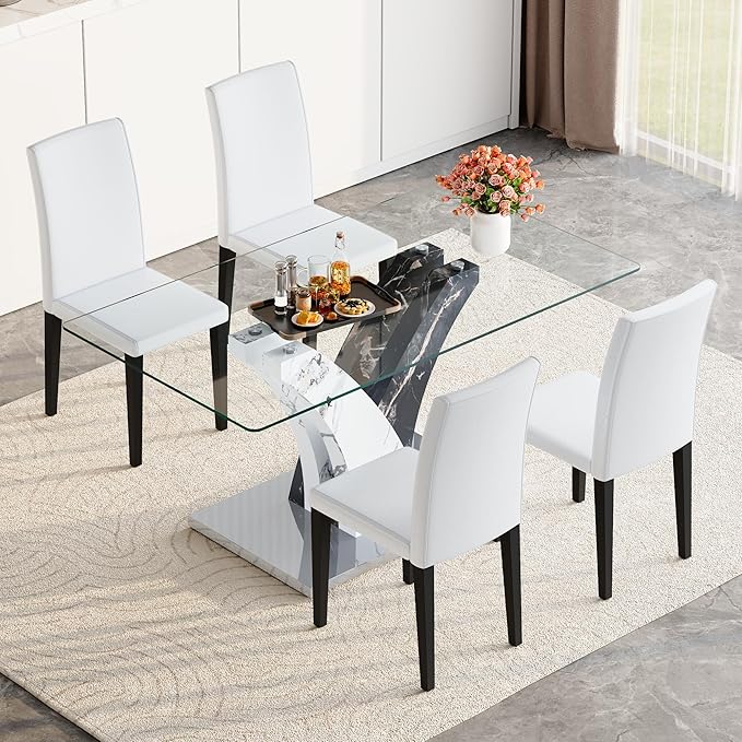 Glass Dining Table Set for 4, 63” Kitchen Table Set for 4, Modern Dining Room Table Set with Upholstered Chairs, Tempered Glass Tabletop with Y Shape Base