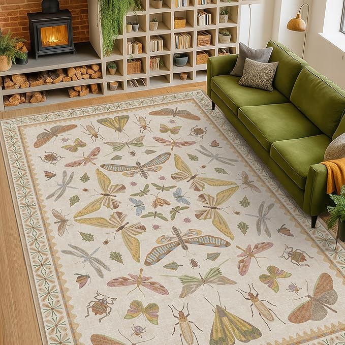 Large Beige Farmhouse Rugs for Living Room - 9x12 Area Rug for Bedroom, Dining Room, Kids Playroom, Stain Resistant Non Slip Low Pile Lightweight Carpet Indoor Butterfly Décor
