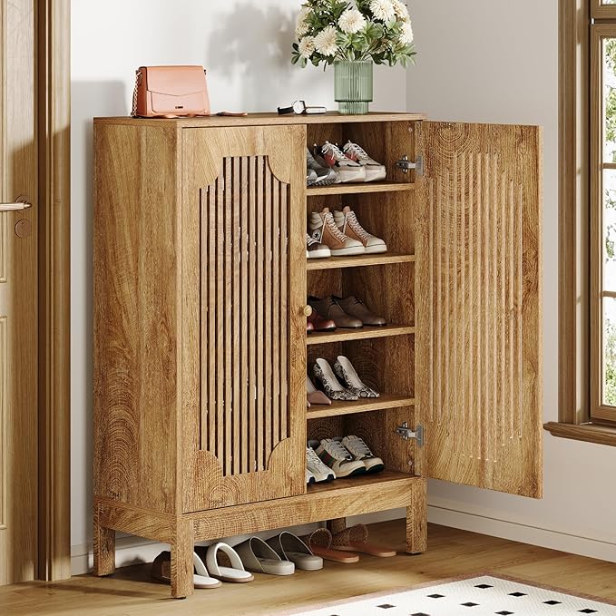 Tribesigns Shoe Cabinet with Doors, 5-Tier Shoe Storage Cabinet with Adjustable Shelves, 20 Pairs Wooden Shoe Rack Organizer, Narrow Shoe Cabinet for Entryway, Hallway, Closet, Rustic Brown, 2 Pcs