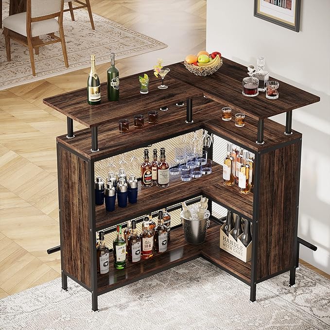 Tribesigns Home Bar Unit, L-Shaped Bar Table with Stemware Racks and 2-Tier Shelves, Corner Mini Coffee Liquor Cabinet with Footrest for Home/Kitchen/Pub, Rustic Brown